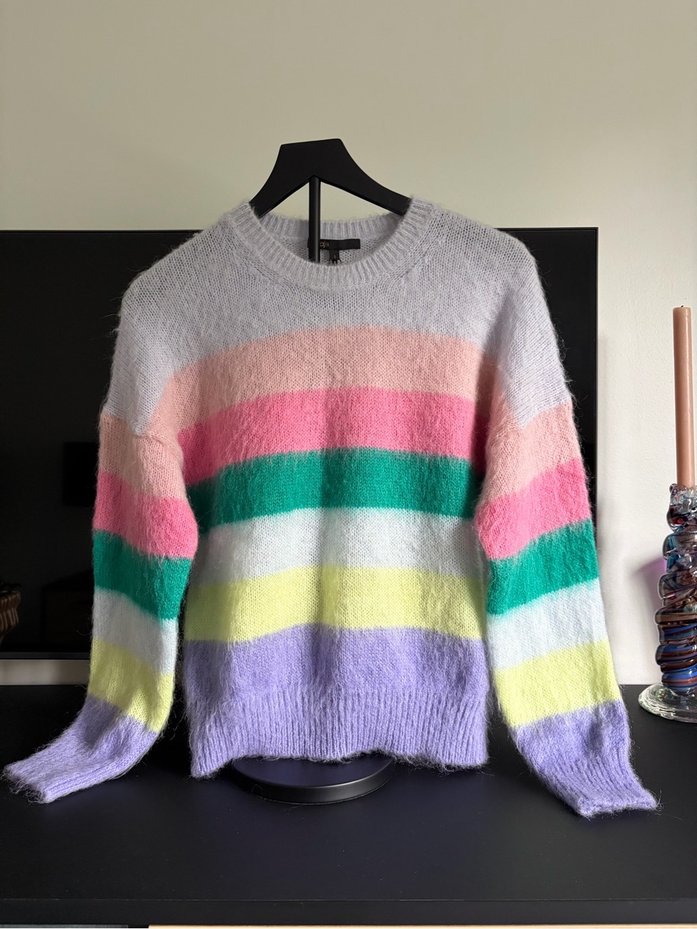 Maje Pastel Multicolor Fuzzy Striped Crewneck Sweater